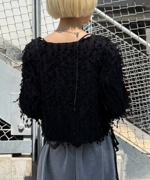 w closet(ダブルクローゼット)の「フリンジ前リボンボレロ カーディガン(シャツ/ブラウス・レディース・ブラック/アイボリー/ブルー/ピンク・FREE)」の12枚目の写真