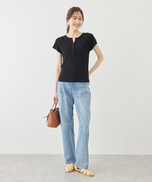 ROPE' PICNIC(ロペピクニック)の「八方映えニット フレンチスリーブキーネックニットプルオーバー/UVカット・イージーケア(ニット/セーター・レディース・ブラック/オフホワイト/グリーン/ラベンダー・FREE)」の5枚目の写真