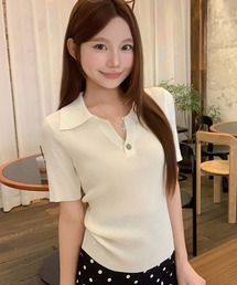 ポロカラー半袖リブニット