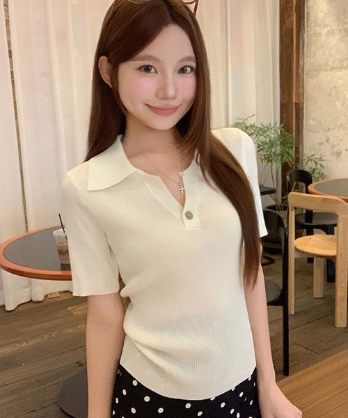 Girly Doll(ガーリードール)の「ポロカラー半袖リブニット(ニット/セーター・レディース・ブラック/ブルー/グレー/ベージュ・FREE)」の3枚目の写真