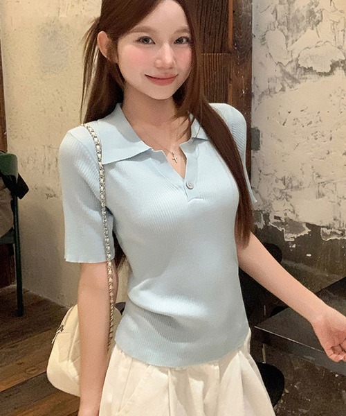 Girly Doll(ガーリードール)の「ポロカラー半袖リブニット(ニット/セーター・レディース・ブラック/ブルー/グレー/ベージュ・FREE)」の4枚目の写真