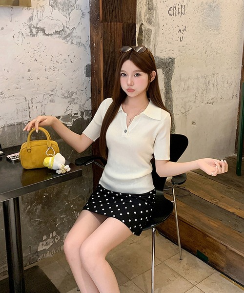 Girly Doll(ガーリードール)の「ポロカラー半袖リブニット(ニット/セーター・レディース・ブラック/ブルー/グレー/ベージュ・FREE)」の18枚目の写真