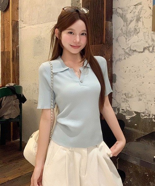 Girly Doll(ガーリードール)の「ポロカラー半袖リブニット(ニット/セーター・レディース・ブラック/ブルー/グレー/ベージュ・FREE)」の13枚目の写真