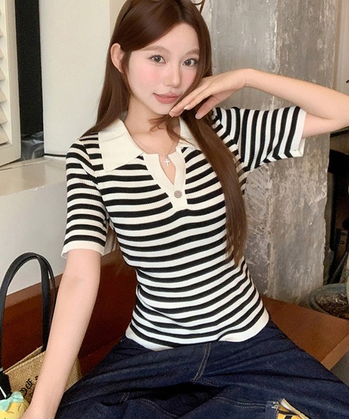 Girly Doll(ガーリードール)の「ポロカラー半袖リブニット(ニット/セーター・レディース・ブラック/ブルー/グレー/ベージュ・FREE)」の8枚目の写真