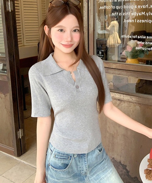 Girly Doll(ガーリードール)の「ポロカラー半袖リブニット(ニット/セーター・レディース・ブラック/ブルー/グレー/ベージュ・FREE)」の16枚目の写真