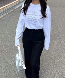 シルバー英字リボンデザイン英字ロンT/長袖Tシャツ