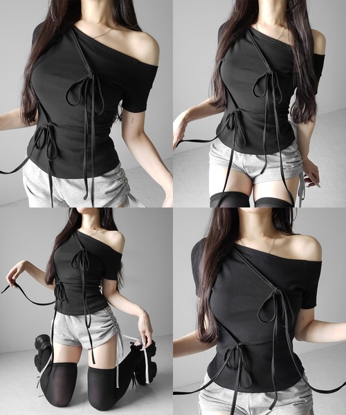 me+em select（ミームセレクト）の「【 ２color 】ストリングリボンスリムフィットTシャツ ／ string ribbon slim fit T-shirts（Tシャツ/カットソー・レディース・ブラック/ピンク・FREE）」の5枚目の写真