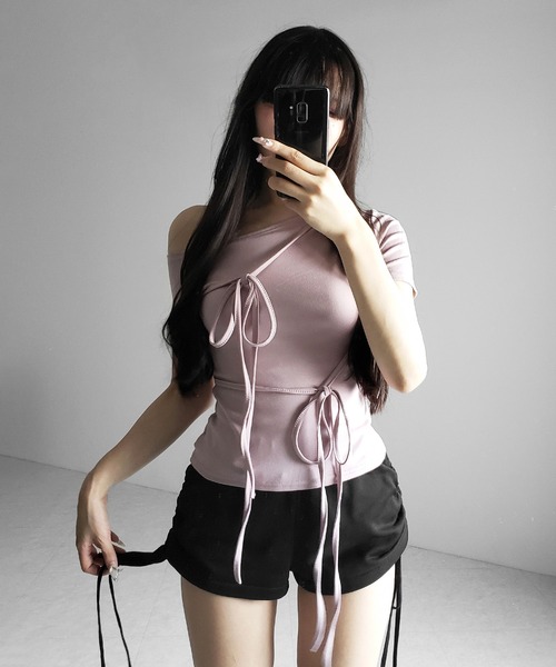 me+em select（ミームセレクト）の「【 ２color 】ストリングリボンスリムフィットTシャツ ／ string ribbon slim fit T-shirts（Tシャツ/カットソー・レディース・ブラック/ピンク・FREE）」の16枚目の写真