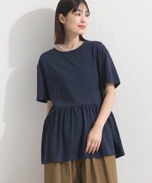 プレーティング天竺 切替ギャザーペプラム 半袖Tシャツ UVカット付