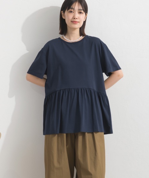 OMNES(オムネス)の「プレーティング天竺 切替ギャザーペプラム 半袖Tシャツ UVカット付(Tシャツ/カットソー・レディース・ネイビー/チャコールグレー/ライトグレー/ホワイト×ネイビー・FREE)」の18枚目の写真