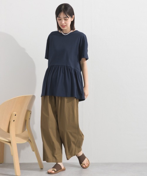 OMNES(オムネス)の「プレーティング天竺 切替ギャザーペプラム 半袖Tシャツ UVカット付(Tシャツ/カットソー・レディース・ネイビー/チャコールグレー/ライトグレー/ホワイト×ネイビー・FREE)」の21枚目の写真