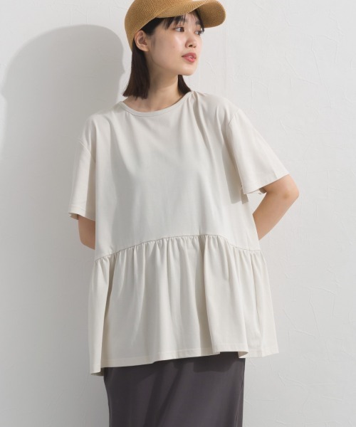 OMNES(オムネス)の「プレーティング天竺 切替ギャザーペプラム 半袖Tシャツ UVカット付(Tシャツ/カットソー・レディース・ネイビー/チャコールグレー/ライトグレー/ホワイト×ネイビー・FREE)」の14枚目の写真