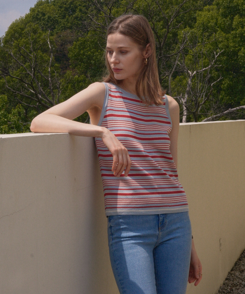 VLETI(ブレッティ)の「Summer Striped Round Neck Sleeveless Knit (sky blue)(Tシャツ/カットソー・レディース・スカイブルー・FREE)」の1枚目の写真