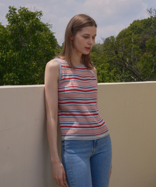 VLETI(ブレッティ)の「Summer Striped Round Neck Sleeveless Knit (sky blue)(Tシャツ/カットソー・レディース・スカイブルー・FREE)」の2枚目の写真