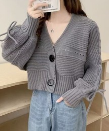 リボンスリーブ Vネックニットカーディガン