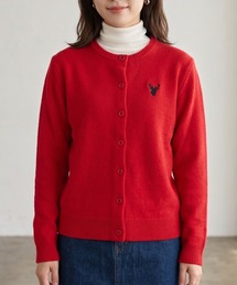 ウール100 クルーネック トナカイ ワンポイント刺繍 ニットカーディガン/Sustinable