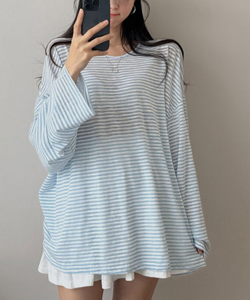 VIVID LADY(ビビッドレディー)の「ボーダー柄 Vネック ロンT(Tシャツ/カットソー・レディース・ライトブルー/ブラック・FREE)」の2枚目の写真