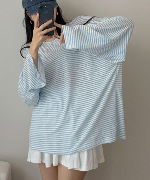 VIVID LADY(ビビッドレディー)の「ボーダー柄 Vネック ロンT(Tシャツ/カットソー・レディース・ライトブルー/ブラック・FREE)」の4枚目の写真
