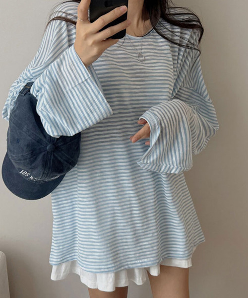 VIVID LADY(ビビッドレディー)の「ボーダー柄 Vネック ロンT(Tシャツ/カットソー・レディース・ライトブルー/ブラック・FREE)」の7枚目の写真