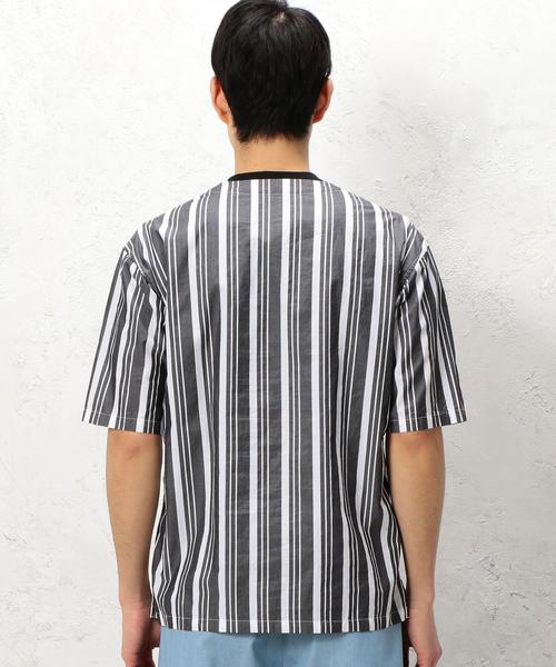 green label relaxing（グリーンレーベルリラクシング）の「SC 110/2/ストライプ V/ネック プルオーバーシャツ 5分袖 ◆（シャツ/ブラウス・メンズ・ブラック/ベージュ・LARGE/MEDIUM/SMALL）」の18枚目の写真