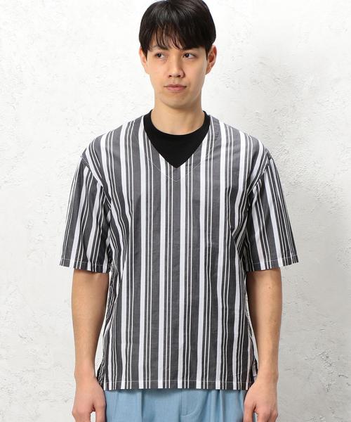 green label relaxing（グリーンレーベルリラクシング）の「SC 110/2/ストライプ V/ネック プルオーバーシャツ 5分袖 ◆（シャツ/ブラウス・メンズ・ブラック/ベージュ・LARGE/MEDIUM/SMALL）」の12枚目の写真