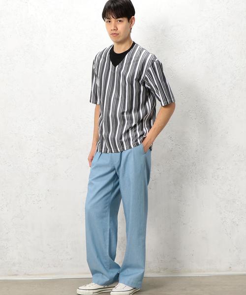 green label relaxing（グリーンレーベルリラクシング）の「SC 110/2/ストライプ V/ネック プルオーバーシャツ 5分袖 ◆（シャツ/ブラウス・メンズ・ブラック/ベージュ・LARGE/MEDIUM/SMALL）」の14枚目の写真