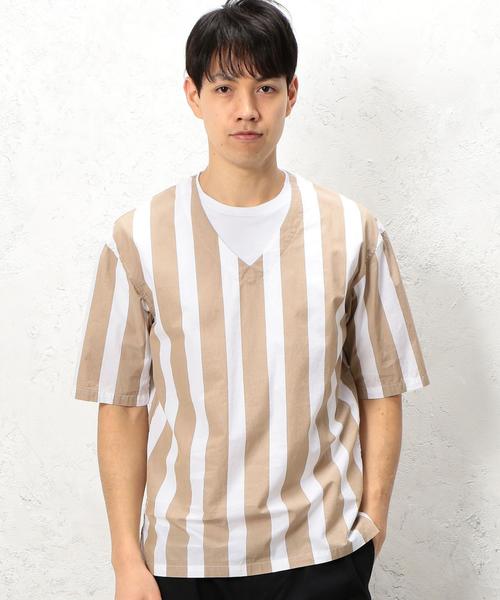 green label relaxing（グリーンレーベルリラクシング）の「SC 110/2/ストライプ V/ネック プルオーバーシャツ 5分袖 ◆（シャツ/ブラウス・メンズ・ブラック/ベージュ・LARGE/MEDIUM/SMALL）」の9枚目の写真