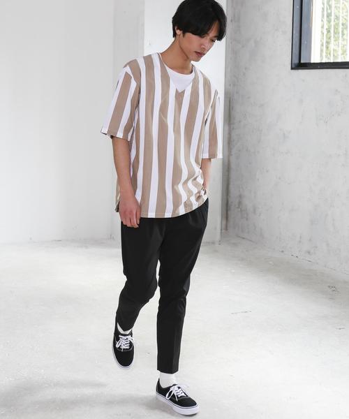 green label relaxing（グリーンレーベルリラクシング）の「SC 110/2/ストライプ V/ネック プルオーバーシャツ 5分袖 ◆（シャツ/ブラウス・メンズ・ブラック/ベージュ・LARGE/MEDIUM/SMALL）」の11枚目の写真