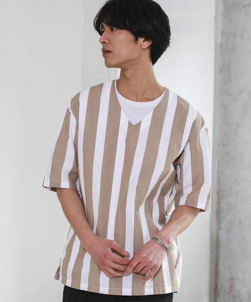 green label relaxing（グリーンレーベルリラクシング）の「SC 110/2/ストライプ V/ネック プルオーバーシャツ 5分袖 ◆（シャツ/ブラウス・メンズ・ブラック/ベージュ・LARGE/MEDIUM/SMALL）」の3枚目の写真