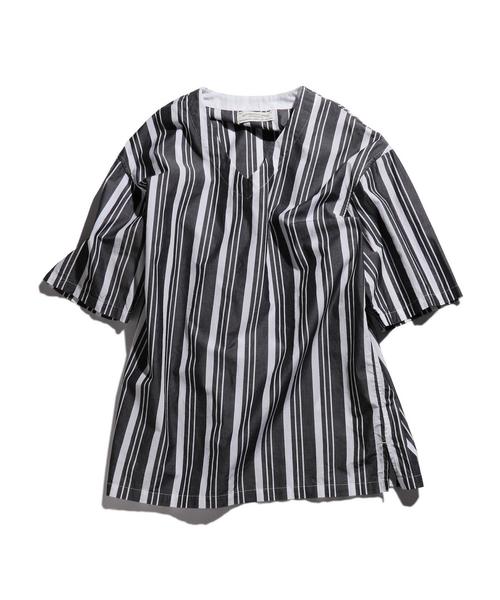 green label relaxing（グリーンレーベルリラクシング）の「SC 110/2/ストライプ V/ネック プルオーバーシャツ 5分袖 ◆（シャツ/ブラウス・メンズ・ブラック/ベージュ・LARGE/MEDIUM/SMALL）」の4枚目の写真