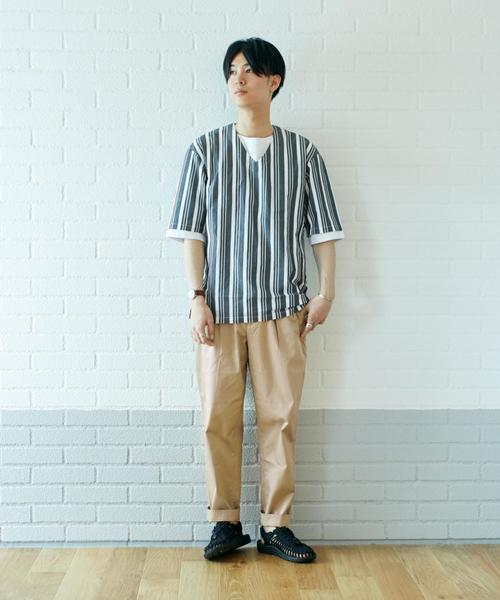 green label relaxing（グリーンレーベルリラクシング）の「SC 110/2/ストライプ V/ネック プルオーバーシャツ 5分袖 ◆（シャツ/ブラウス・メンズ・ブラック/ベージュ・LARGE/MEDIUM/SMALL）」の19枚目の写真