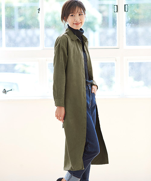 Pierrot(ピエロ)の「スエードタッチ 2wayロングシャツワンピース(シャツワンピース・レディース・ネイビー/ブラウン/カーキ/オレンジ系その他/グレイッシュベージュ/レンガ・L/M)」の4枚目の写真