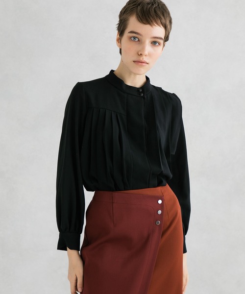 【美品】PUBLIC TOKYO アシメデザインブラウス 黒 プリーツ アシメプリーツデザインブラウス-UVカット-（シャツ/ブラウス