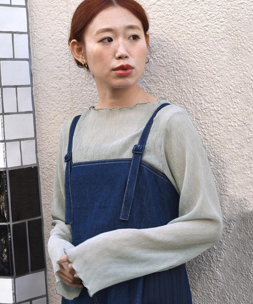 w closet(ダブルクローゼット)の「しわ加工シフォンボートネックプルオーバー(Tシャツ/カットソー)」|グレイッシュブルー