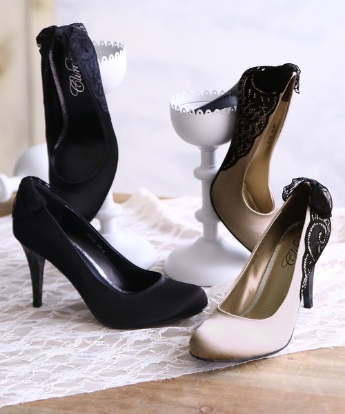 PourVous（プールヴー）の「バックリボン レース パンプス 結婚式 フォーマル オケージョン 同窓会 （パンプス・レディース・ベージュ/ブラック・22.5cm/23.5cm/24.5cm/23.0cm/24.0cm/21.5cm/22.0cm/25.0cm）」の4枚目の写真