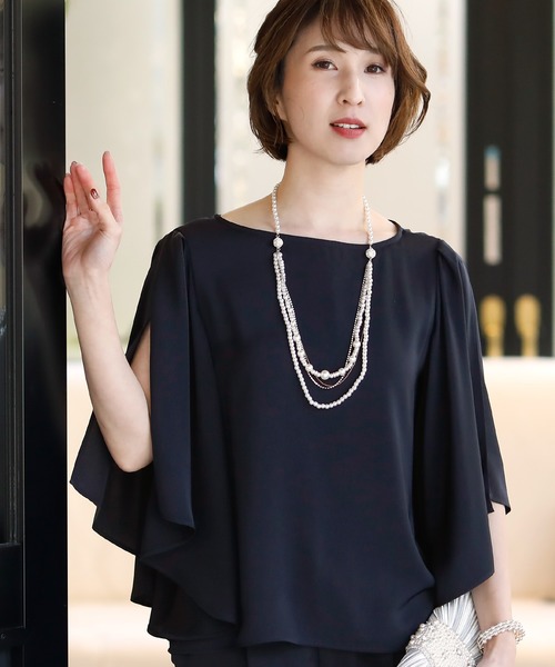 PourVous(プールヴー)の「七分袖&ミニ丈 ワンピースドレスネックレス付き 結婚式 フォーマル オケージョンドレス お呼ばれ 二次会 成人式 (パンツドレス・レディース・グレイッシュベージュ/ベージュ/ネイビー・L/M)」の4枚目の写真