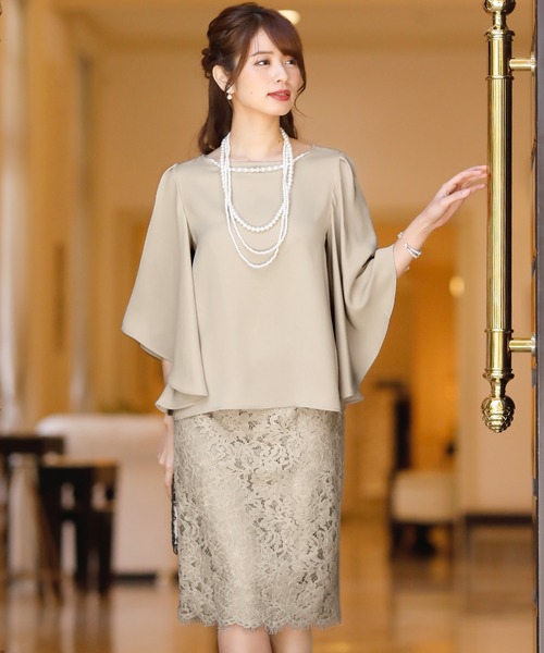 PourVous(プールヴー)の「七分袖&ミニ丈 ワンピースドレスネックレス付き 結婚式 フォーマル オケージョンドレス お呼ばれ 二次会 成人式 (パンツドレス・レディース・グレイッシュベージュ/ベージュ/ネイビー・L/M)」の13枚目の写真