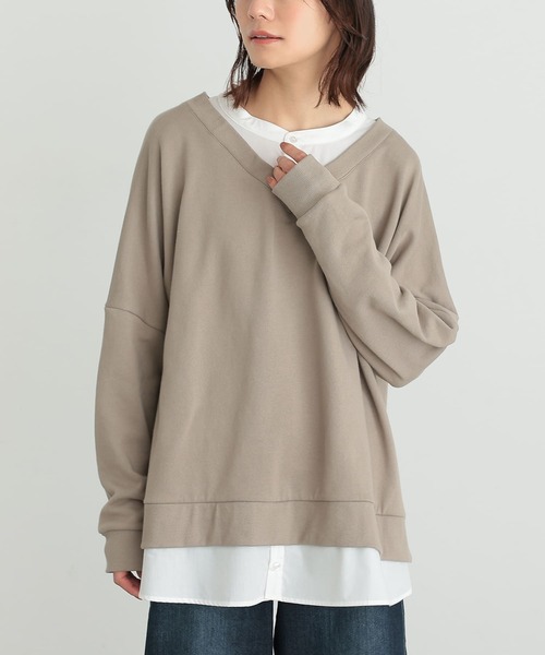 osharewalker（オシャレウォーカー）の「『シャツドッキングVネックスウェット』（スウェット・レディース・ミント/ブラック/グレイッシュベージュ/グレイッシュブルー・FREE）」の2枚目の写真