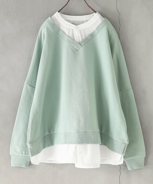 osharewalker（オシャレウォーカー）の「『シャツドッキングVネックスウェット』（スウェット・レディース・ミント/ブラック/グレイッシュベージュ/グレイッシュブルー・FREE）」の3枚目の写真