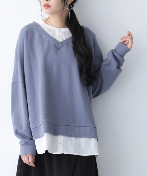 osharewalker（オシャレウォーカー）の「『シャツドッキングVネックスウェット』（スウェット・レディース・ミント/ブラック/グレイッシュベージュ/グレイッシュブルー・FREE）」の7枚目の写真