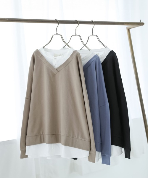 osharewalker（オシャレウォーカー）の「『シャツドッキングVネックスウェット』（スウェット・レディース・ミント/ブラック/グレイッシュベージュ/グレイッシュブルー・FREE）」の9枚目の写真