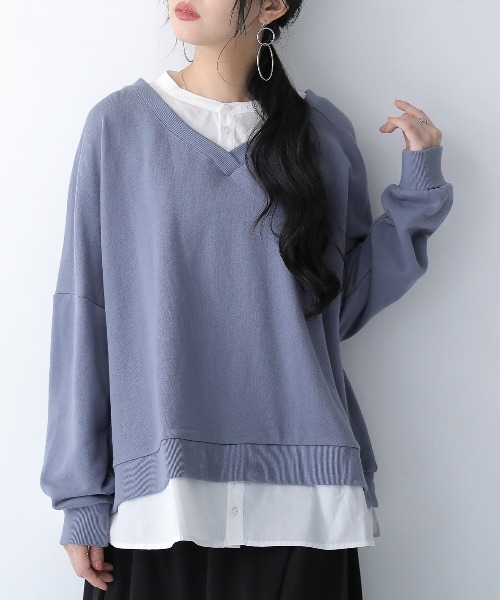 osharewalker（オシャレウォーカー）の「『シャツドッキングVネックスウェット』（スウェット・レディース・ミント/ブラック/グレイッシュベージュ/グレイッシュブルー・FREE）」の17枚目の写真