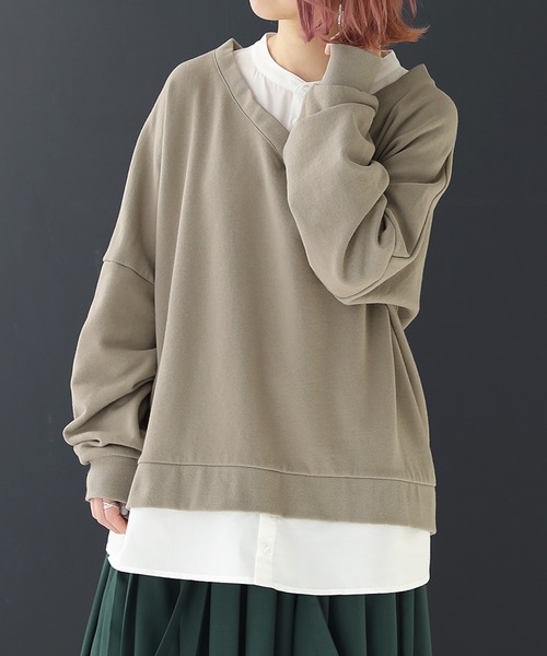 osharewalker（オシャレウォーカー）の「『シャツドッキングVネックスウェット』（スウェット・レディース・ミント/ブラック/グレイッシュベージュ/グレイッシュブルー・FREE）」の22枚目の写真