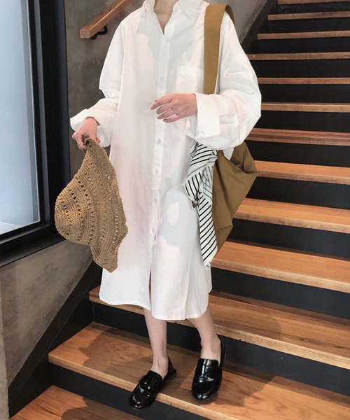 Girly Doll（ガーリードール）の「大人カジュアル　ミディ丈シャツワンピース（シャツワンピース・レディース・ブルー/ホワイト/グレイッシュベージュ/ブラック/ライトブルー・FREE）」の8枚目の写真