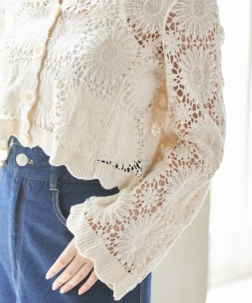 Cookie Chocolate（クッキーチョコレート）の「フラワーデザインクロシェ編みカーディガン（カーディガン/ボレロ・レディース・ホワイト/ベージュ・M）」の3枚目の写真