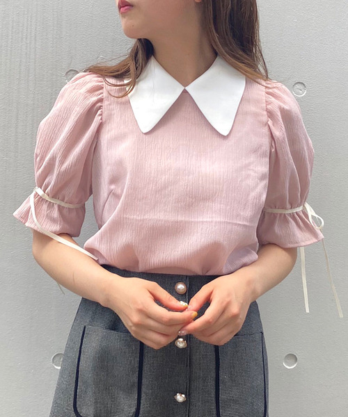 TITTY&CO.(ティティーアンドコー)の「襟付シアートップス(シャツ/ブラウス・レディース・ブラック/グレー/ピンク・FREE)」の3枚目の写真