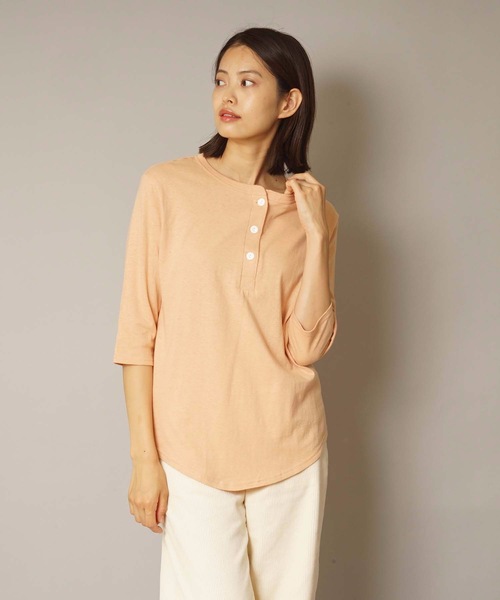 HANES(ヘインズ)の「【HANES/ヘインズ】Undiesリサイクルコットンヘンリーネック七分袖Tシャツ HW1-U501(Tシャツ/カットソー・レディース・ブラック/ベージュ/ホワイト・FREE)」の3枚目の写真