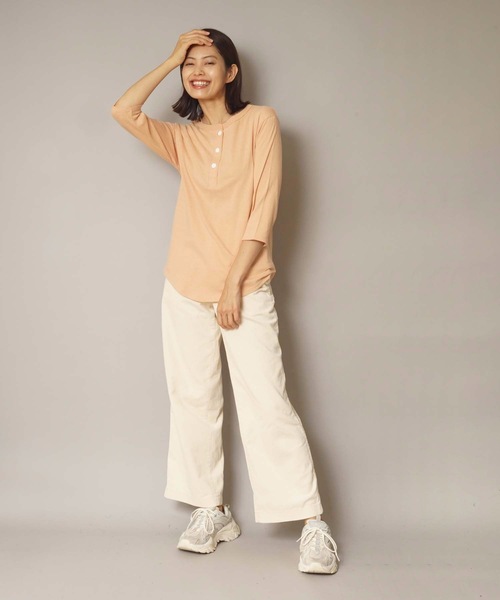 HANES(ヘインズ)の「【HANES/ヘインズ】Undiesリサイクルコットンヘンリーネック七分袖Tシャツ HW1-U501(Tシャツ/カットソー・レディース・ブラック/ベージュ/ホワイト・FREE)」の17枚目の写真