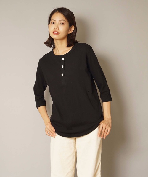 HANES(ヘインズ)の「【HANES/ヘインズ】Undiesリサイクルコットンヘンリーネック七分袖Tシャツ HW1-U501(Tシャツ/カットソー・レディース・ブラック/ベージュ/ホワイト・FREE)」の12枚目の写真