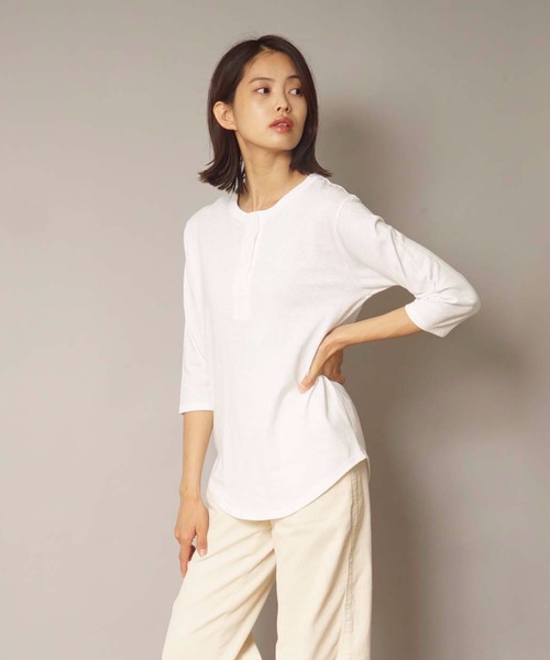 HANES(ヘインズ)の「【HANES/ヘインズ】Undiesリサイクルコットンヘンリーネック七分袖Tシャツ HW1-U501(Tシャツ/カットソー・レディース・ブラック/ベージュ/ホワイト・FREE)」の7枚目の写真